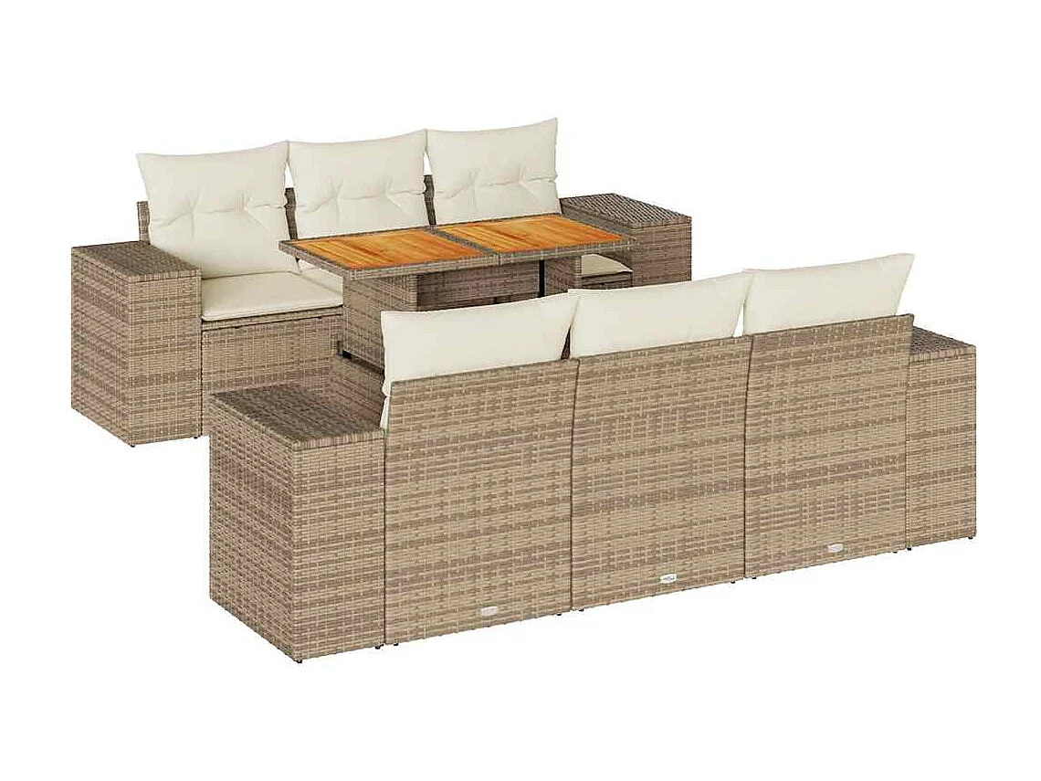 7-delige Loungeset met kussens poly rattan beige