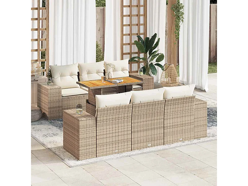 7-delige Loungeset met kussens poly rattan beige