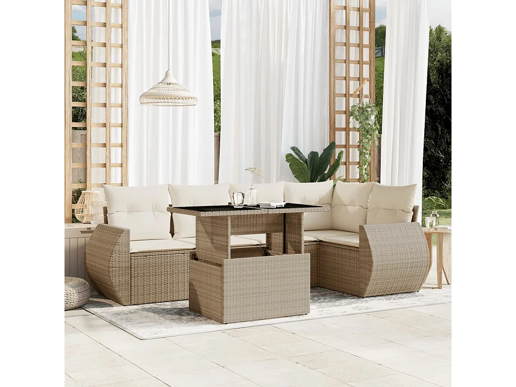 Set Divano da Giardino 6 pz con Cuscini Beige in Polyrattan