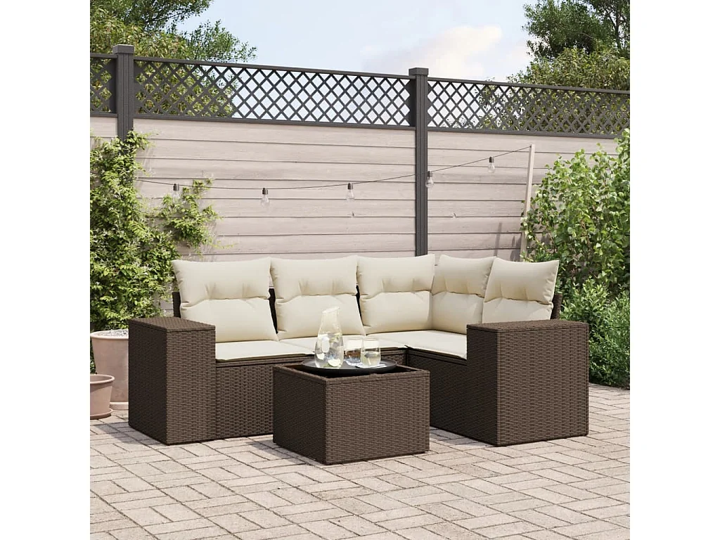 Salon de jardin avec coussins 5 pcs marron résine tressée