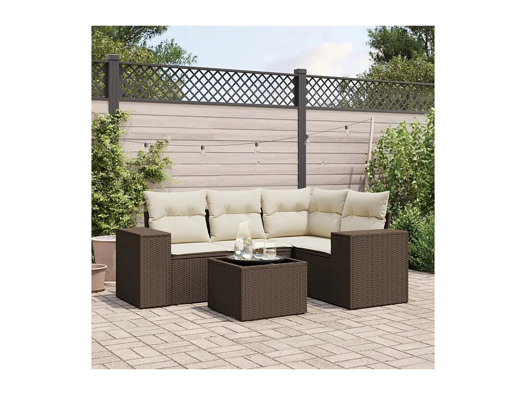 Set Divano da Giardino 5 pz con Cuscini Marrone in Polyrattan