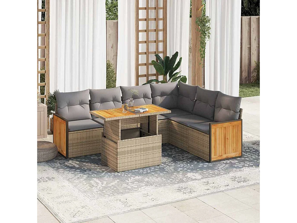 Salon de jardin avec coussins 7 pcs beige résine tressée acacia