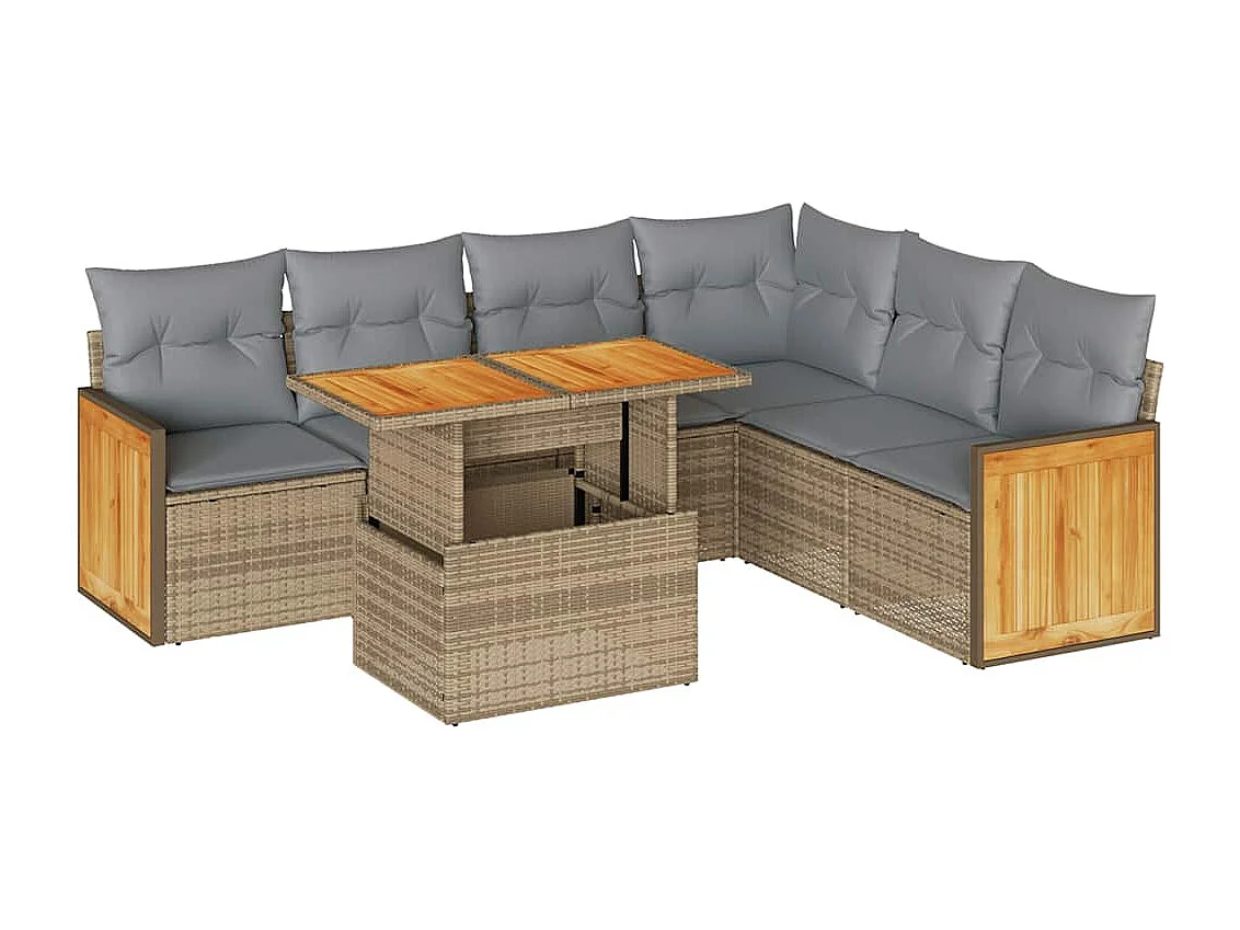 Salon de jardin avec coussins 7 pcs beige résine tressée acacia