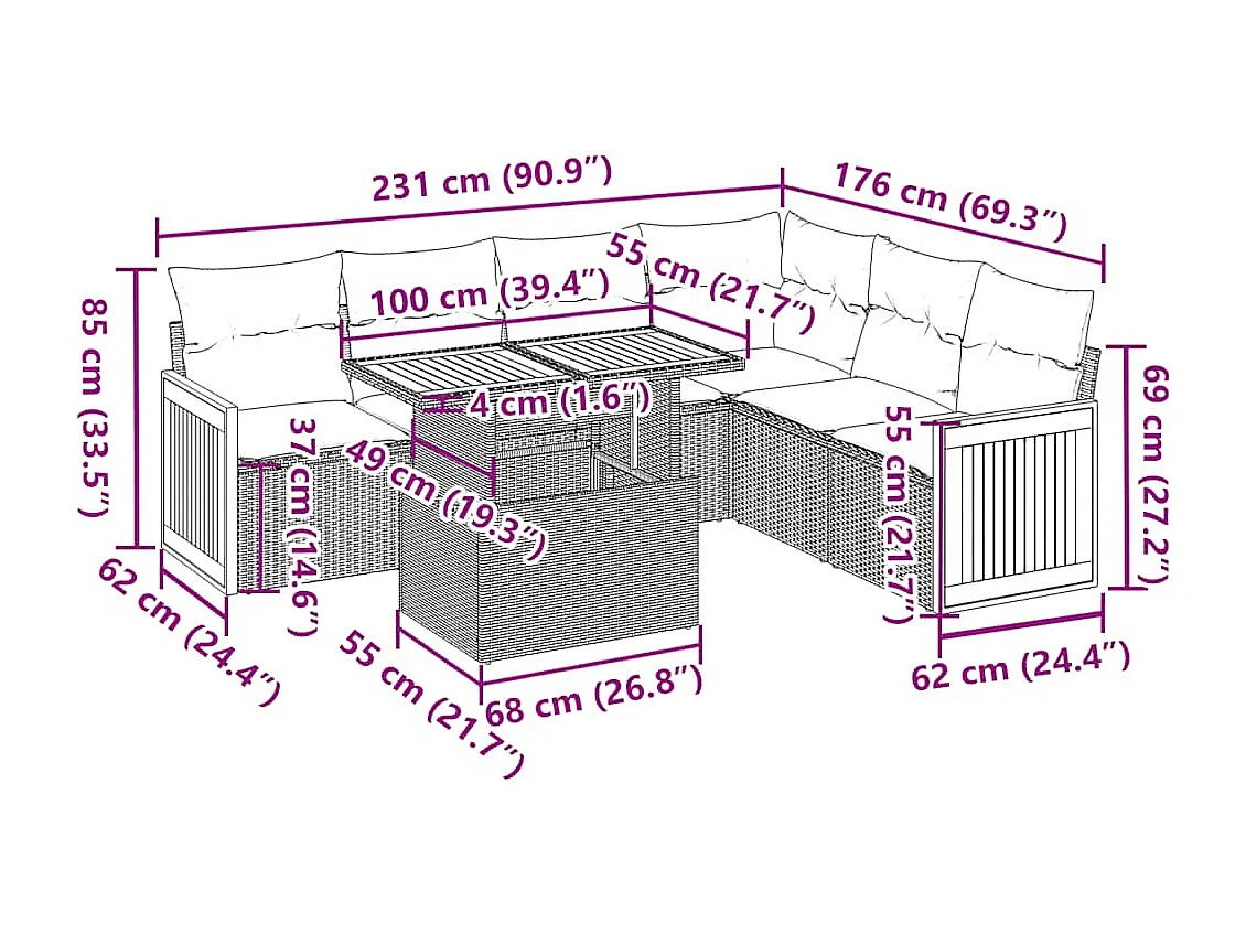 Salon de jardin avec coussins 7 pcs beige résine tressée acacia