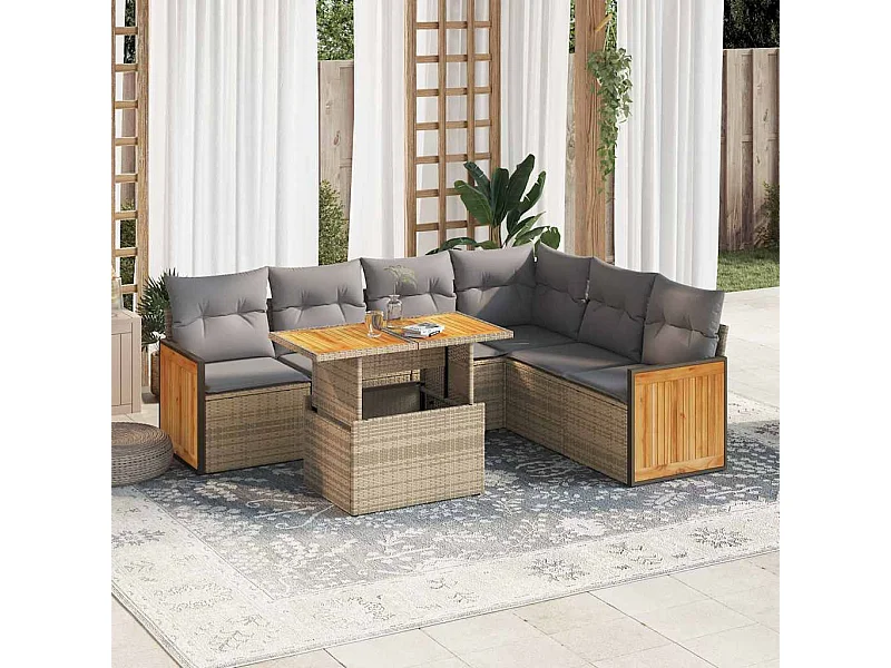 Salon de jardin avec coussins 7 pcs beige résine tressée acacia