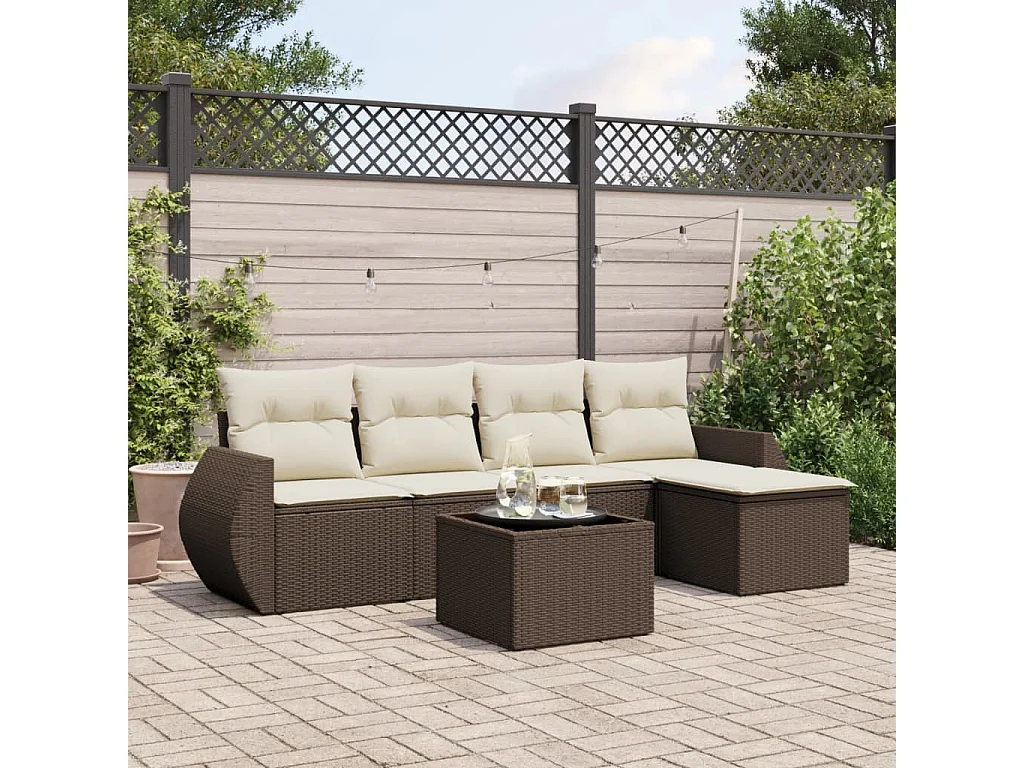 Salon de jardin avec coussins 6 pcs marron résine tressée
