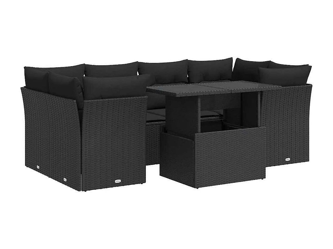 Salon de jardin 7 pcs avec coussins noir résine tressée