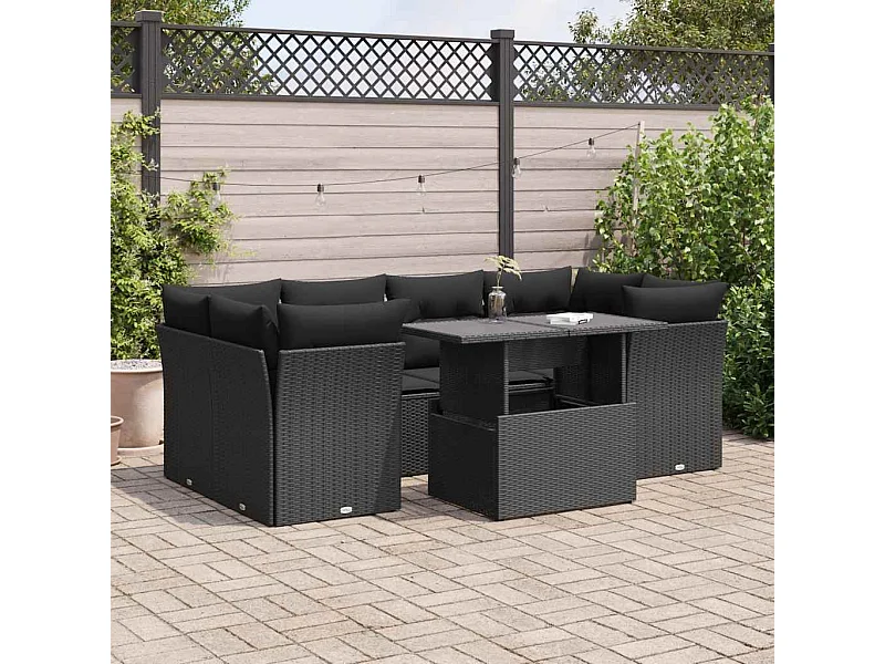 Salon de jardin 7 pcs avec coussins noir résine tressée