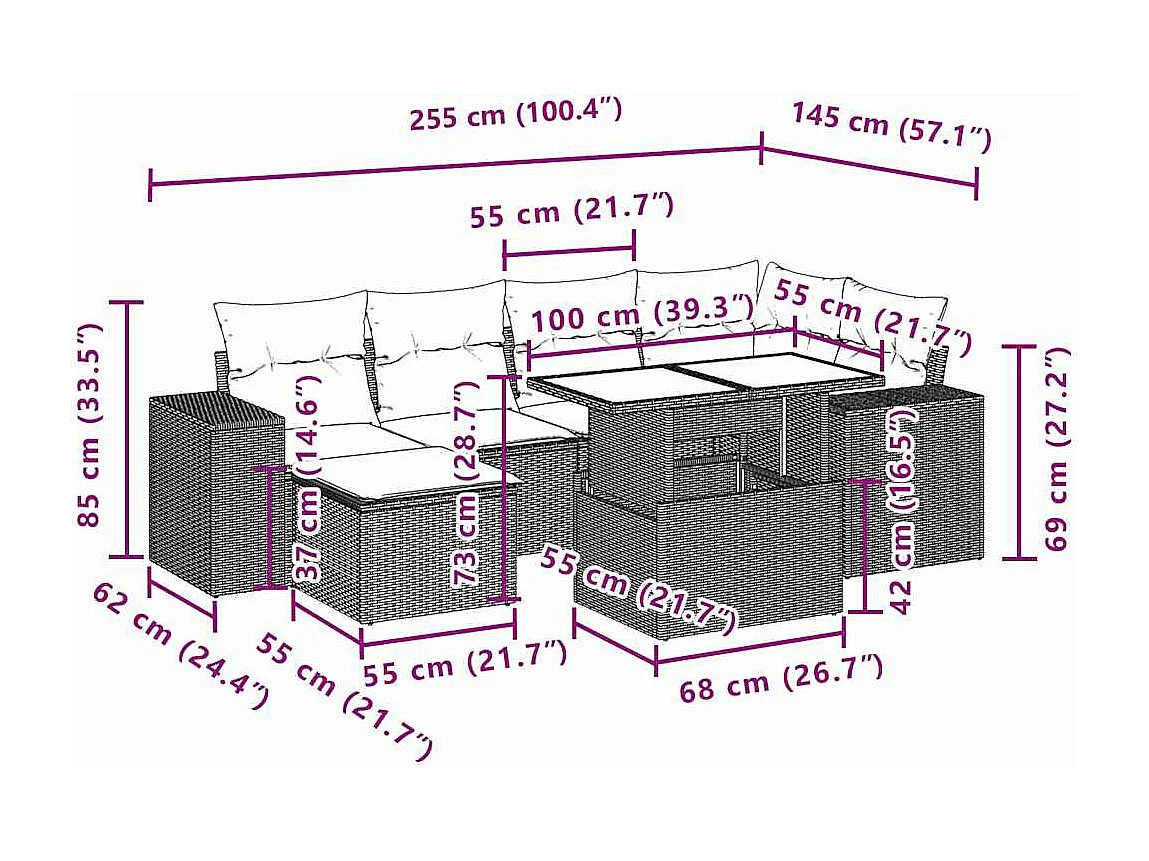 Juego de sofás de jardín 7 piezas con cojines ratán PE marrón