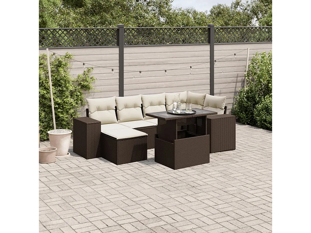 7-tlg. Garten-Sofagarnitur mit Kissen Braun Poly Rattan
