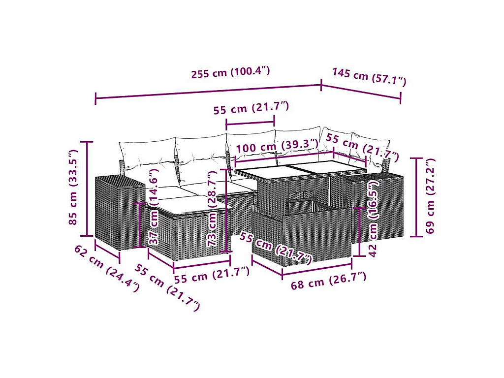 7-tlg. Garten-Sofagarnitur mit Kissen Braun Poly Rattan