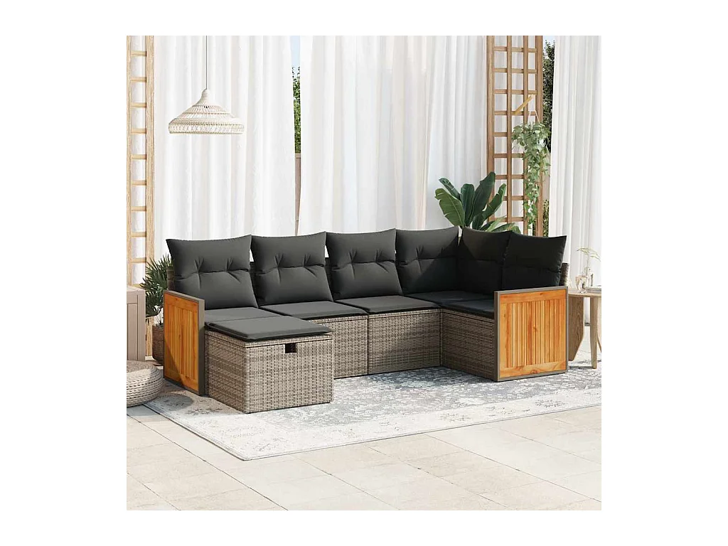 6-tlg. Garten-Sofagarnitur mit Kissen Grau Poly Rattan