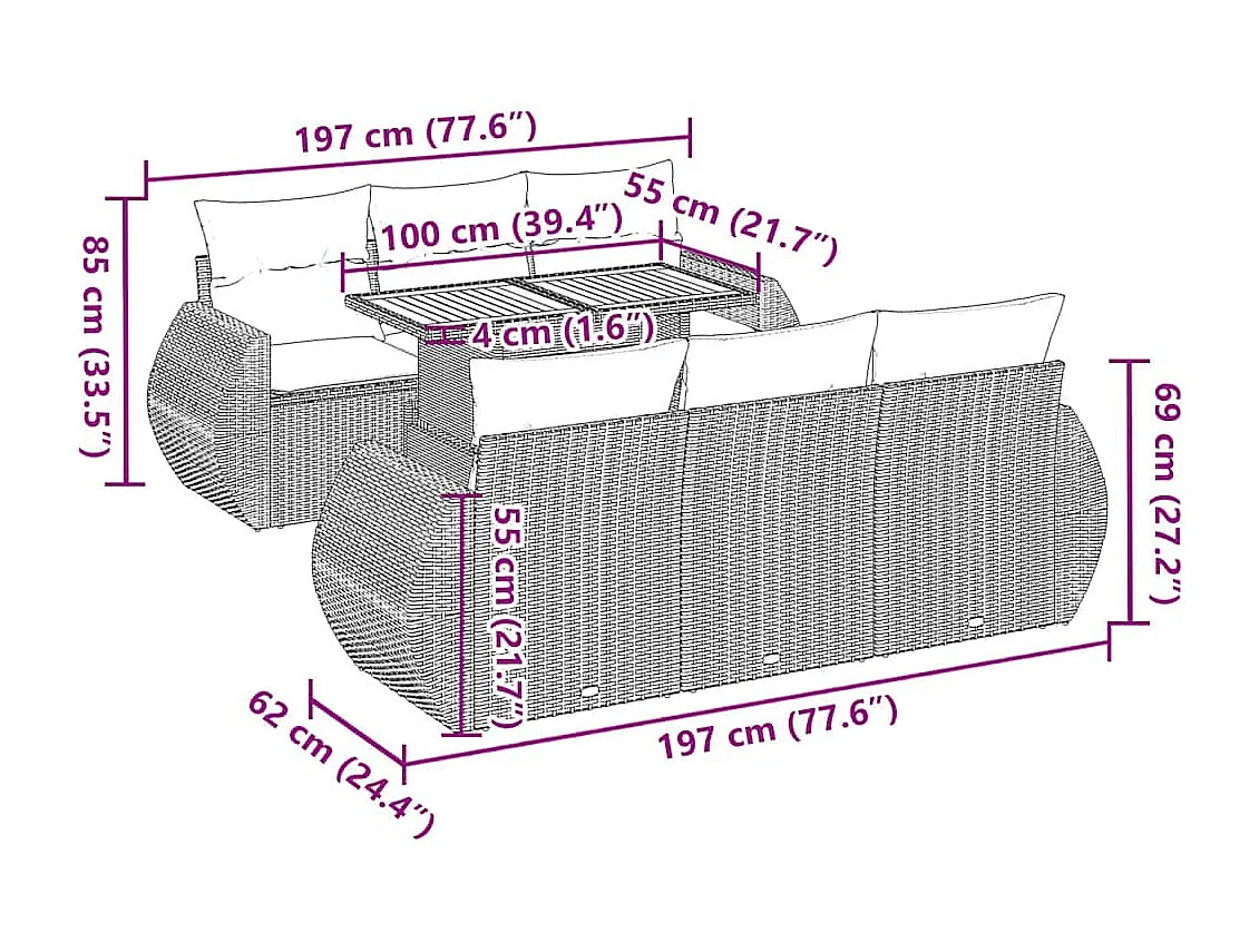 7-delige Loungeset met kussens poly rattan zwart