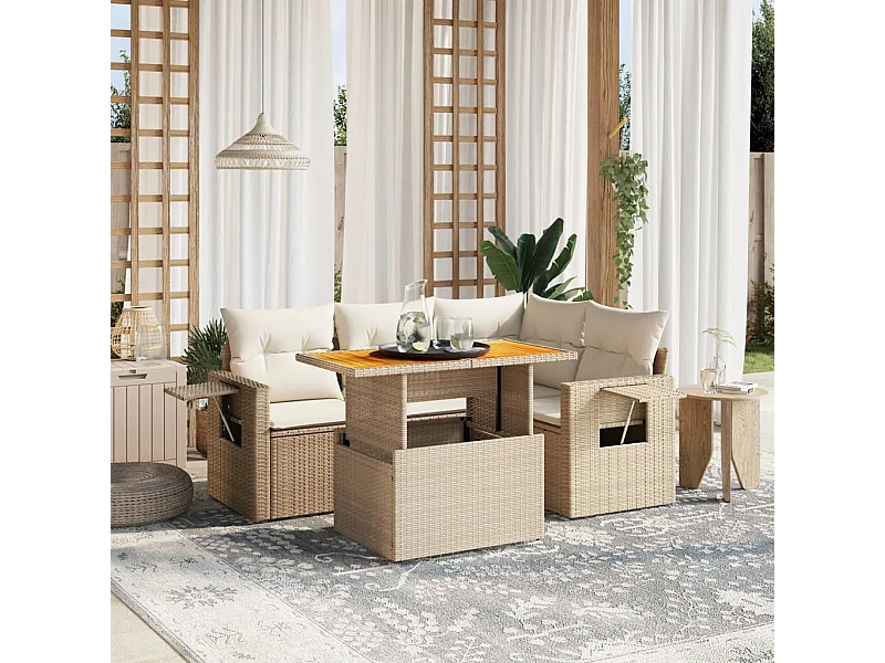 Salon de jardin avec coussins 5 pcs beige résine tressée