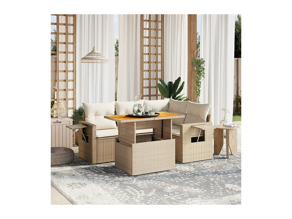 5-delige Loungeset met kussens poly rattan beige