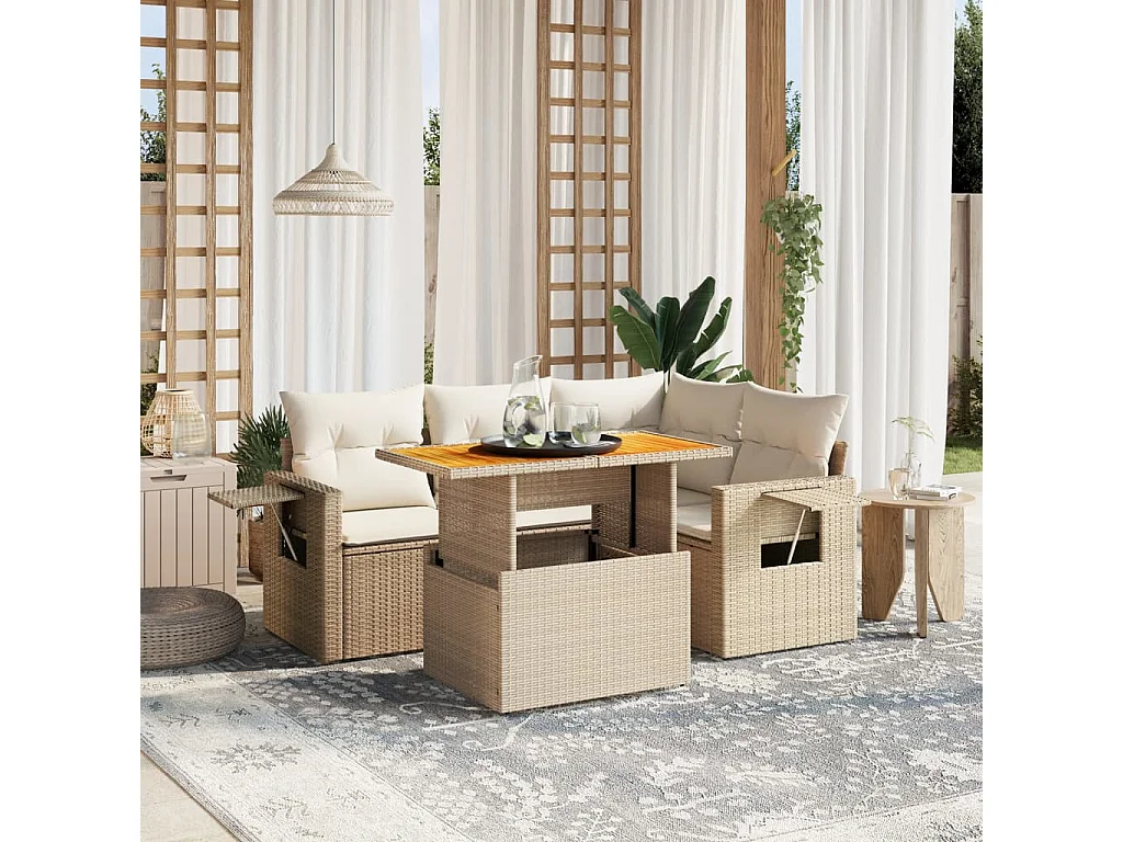 Salon de jardin avec coussins 5 pcs beige résine tressée