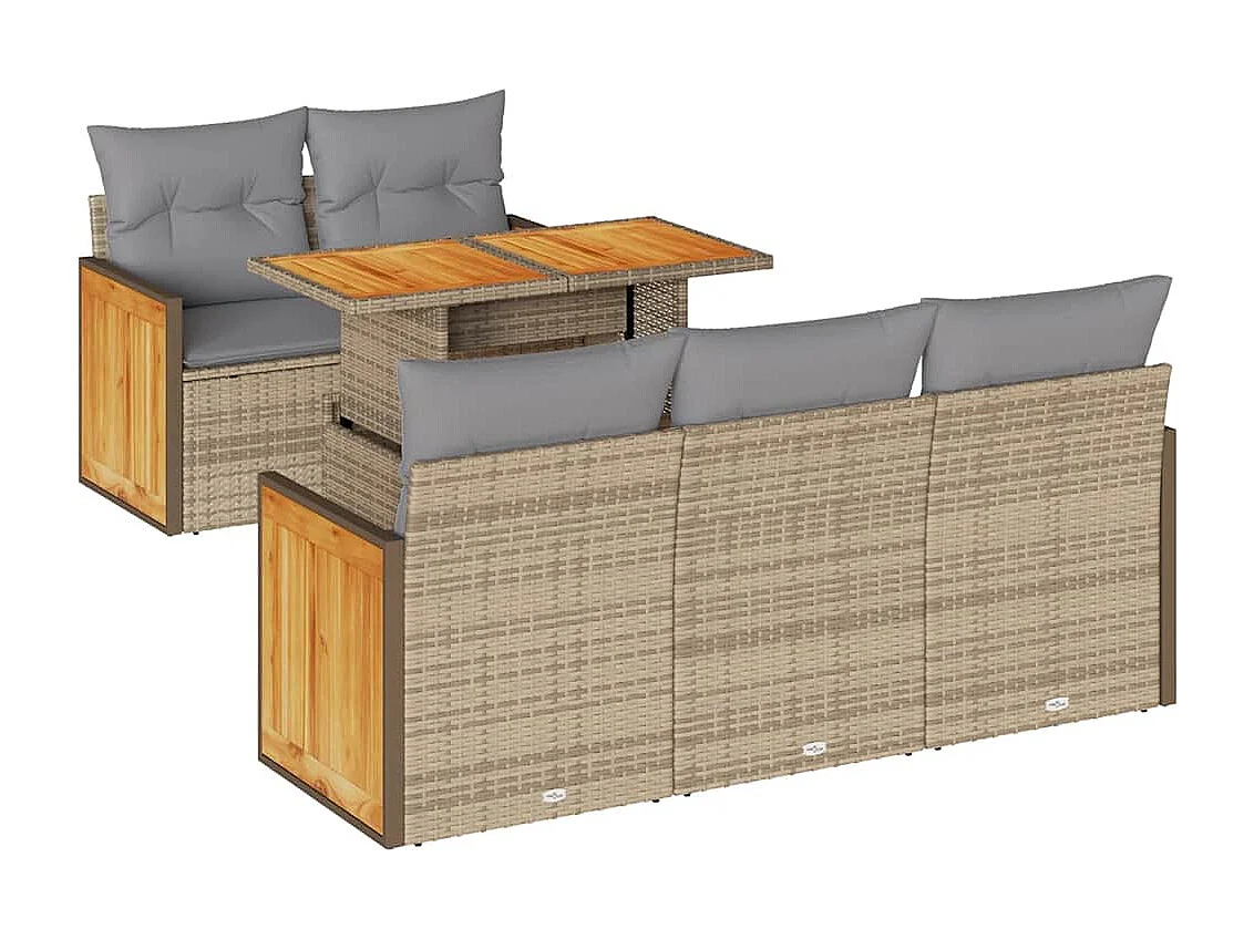 Salon de jardin 6 pcs avec coussins beige résine tressée acacia