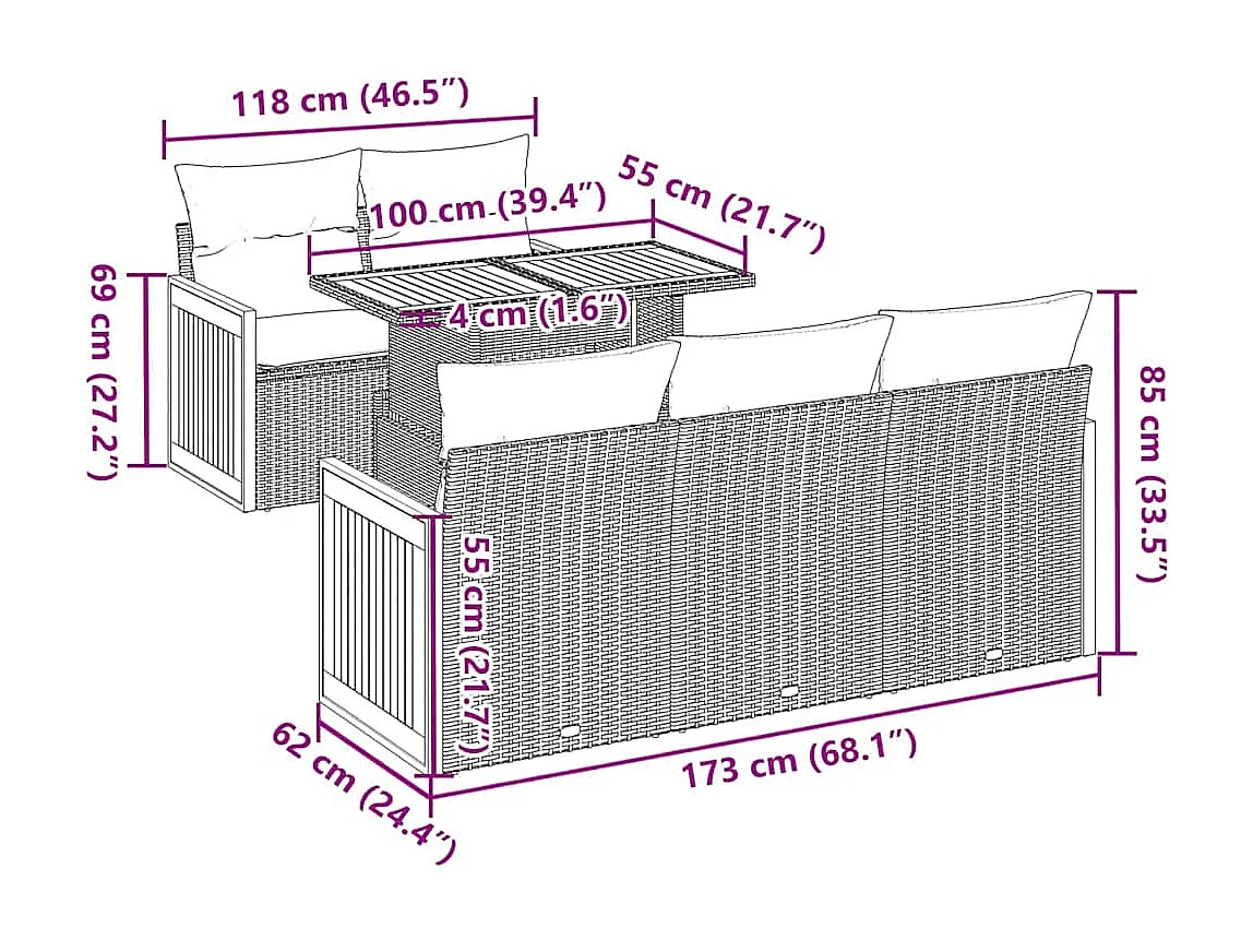 Salon de jardin 6 pcs avec coussins beige résine tressée acacia