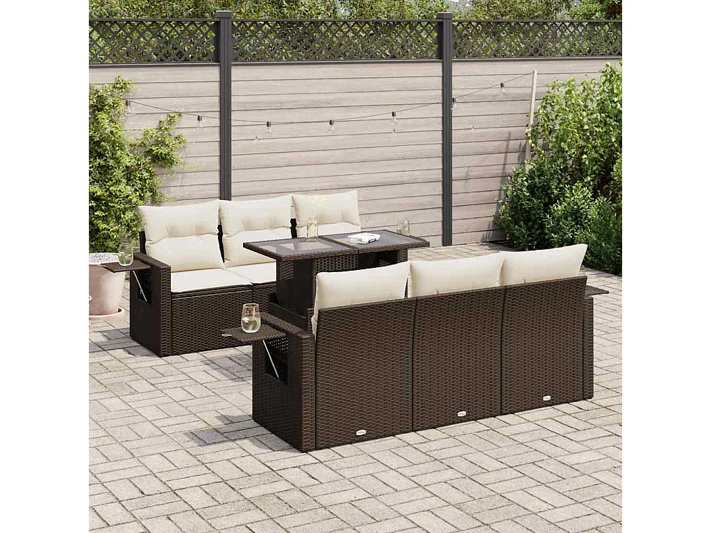7-tlg. Garten-Sofagarnitur mit Kissen Braun Poly Rattan