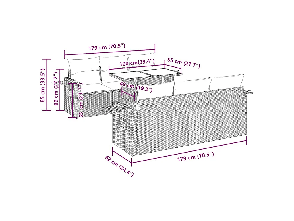 7-tlg. Garten-Sofagarnitur mit Kissen Braun Poly Rattan