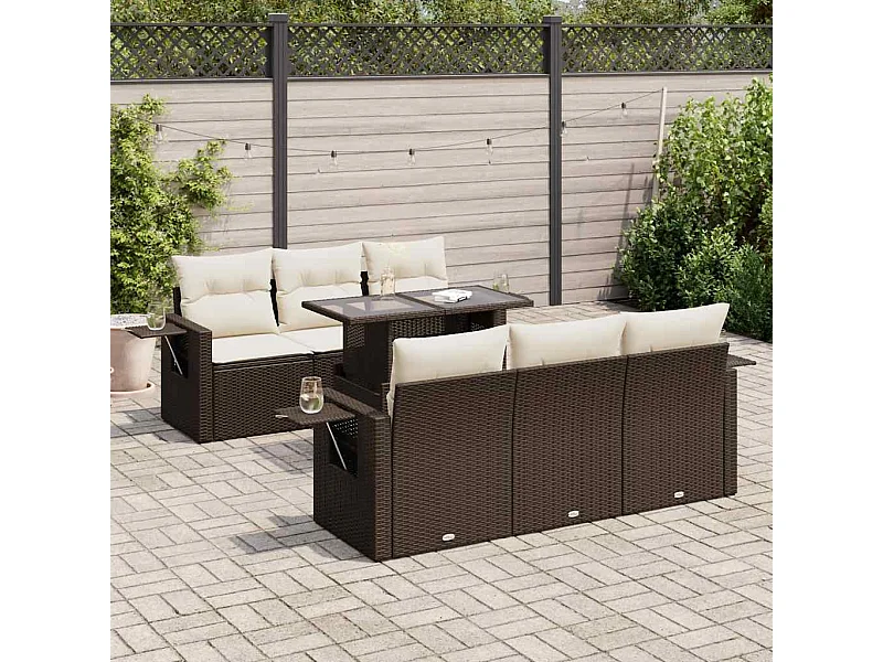 7-delige Loungeset met kussens poly rattan bruin