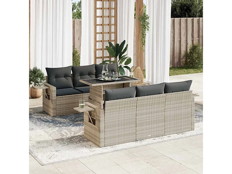 7-tlg. Garten-Sofagarnitur mit Kissen Hellgrau Poly Rattan