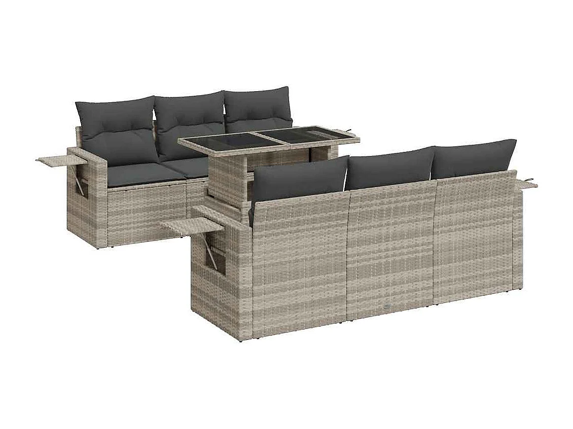 7-tlg. Garten-Sofagarnitur mit Kissen Hellgrau Poly Rattan