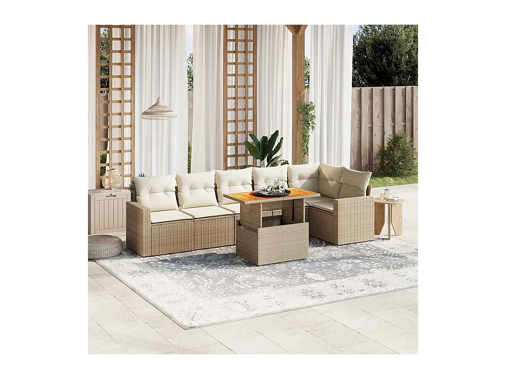 Set Divani da Giardino 7 pz con Cuscini Beige in Polyrattan