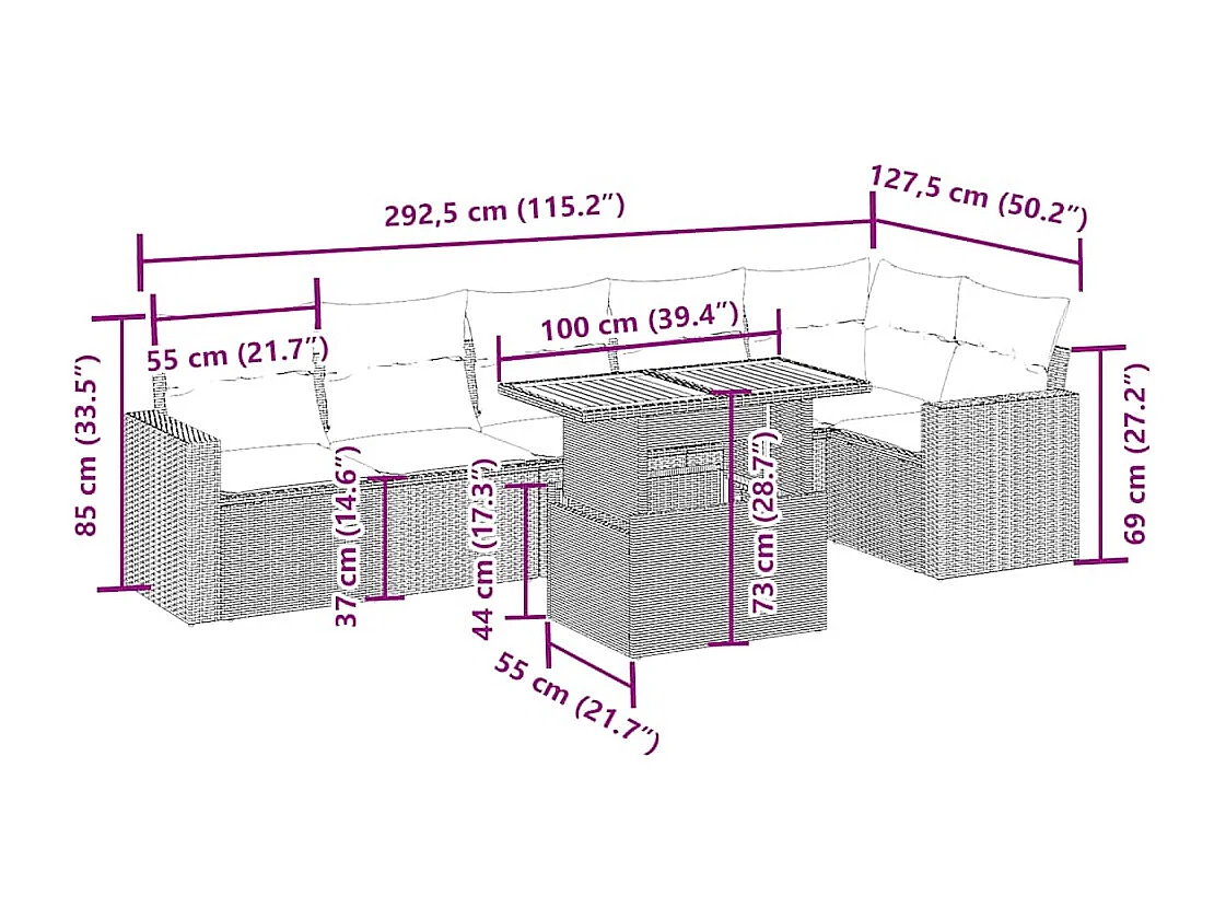 Salon de jardin avec coussins 7 pcs beige résine tressée