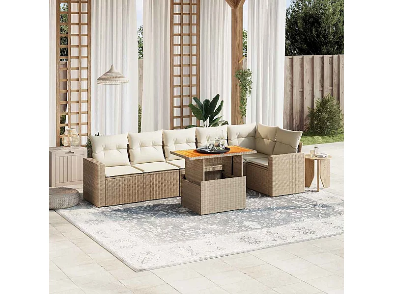 7-delige Loungeset met kussens poly rattan beige