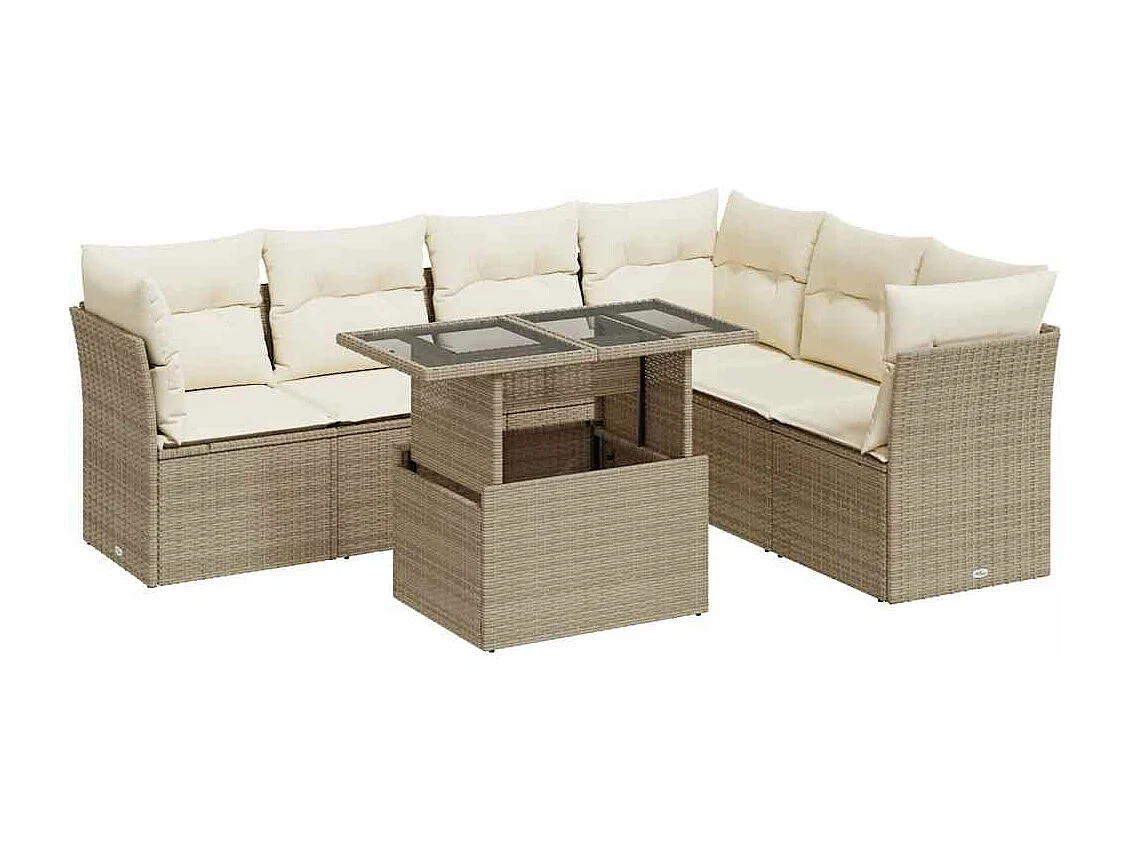 7-delige Loungeset met kussens poly rattan beige
