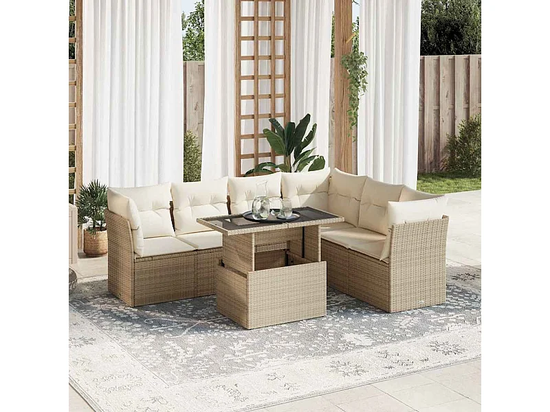 Salon de jardin avec coussins 7 pcs beige résine tressée