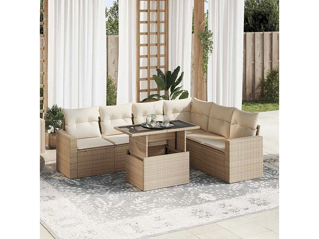 Set Divani da Giardino 7 pz con Cuscini Beige in Polyrattan