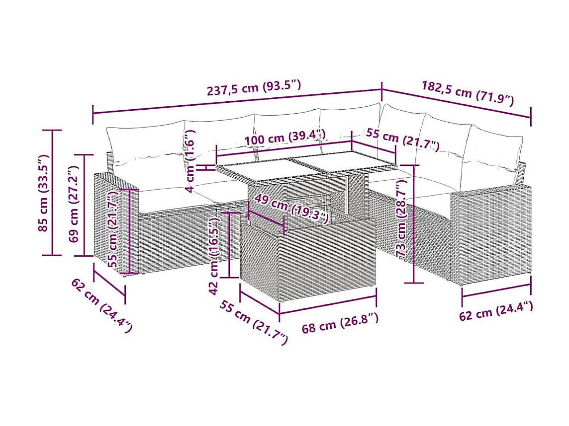 Set Divani da Giardino 7 pz con Cuscini Beige in Polyrattan