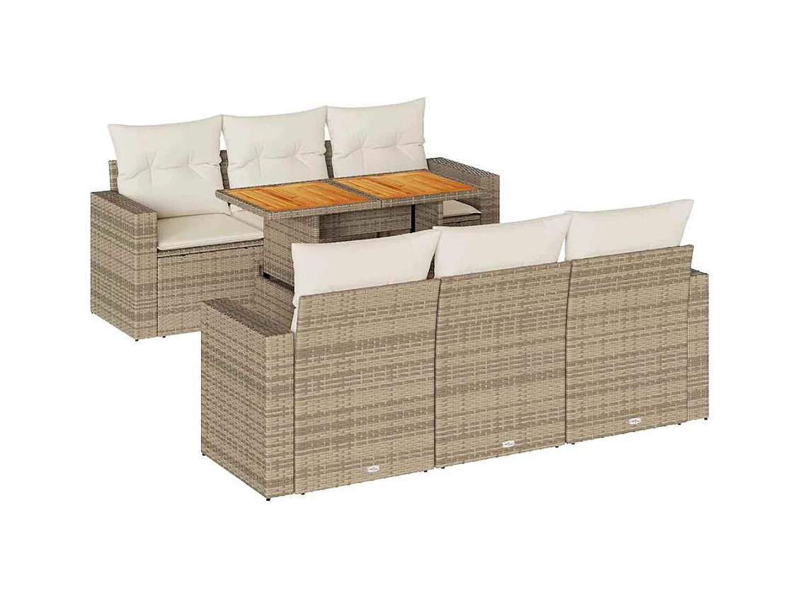 7-tlg. Garten-Sofagarnitur mit Kissen Beige Poly Rattan