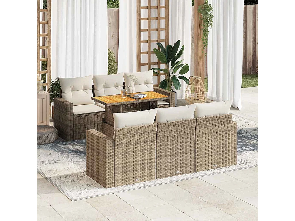 Salon de jardin avec coussins 7 pcs beige résine tressée