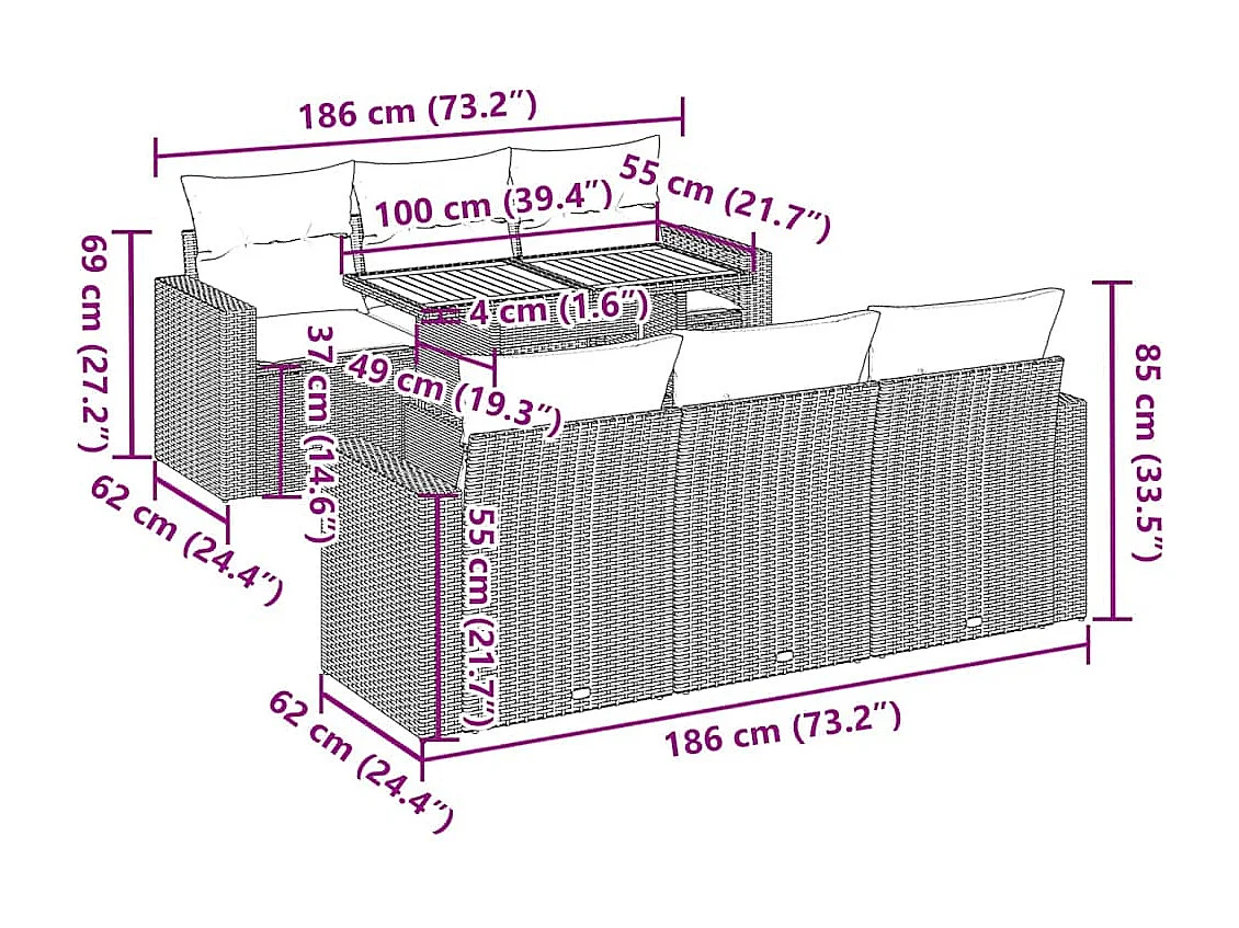 Salon de jardin avec coussins 7 pcs beige résine tressée