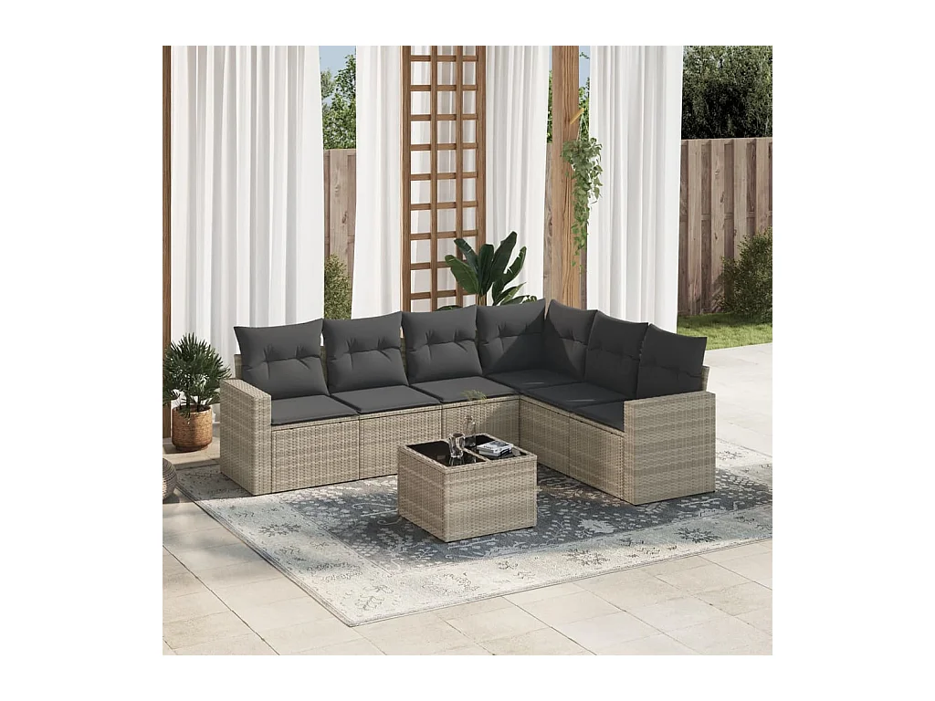 7-tlg. Garten-Sofagarnitur mit Kissen Hellgrau Poly Rattan