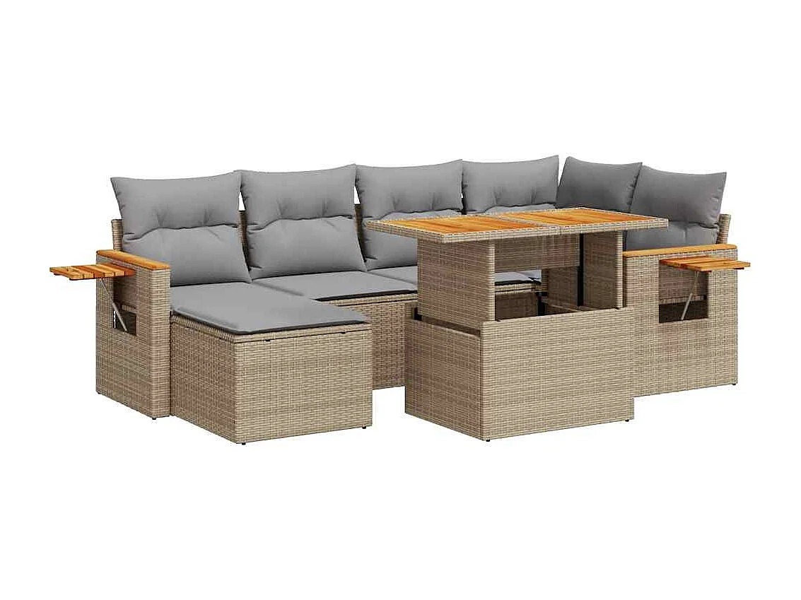 Salon de jardin avec coussins 7 pcs beige résine tressée acacia