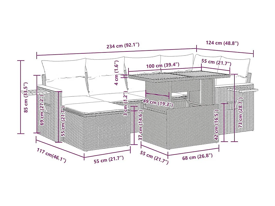 Salon de jardin avec coussins 7 pcs beige résine tressée acacia