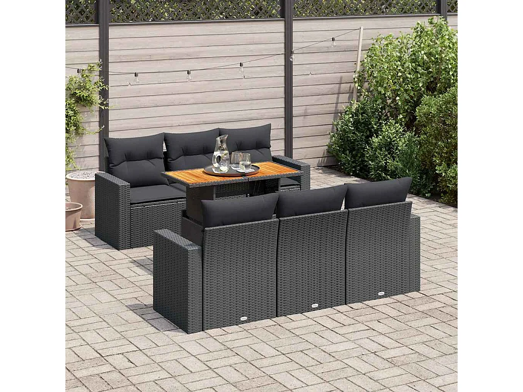 Salon de jardin 7 pcs avec coussins noir résine tressée