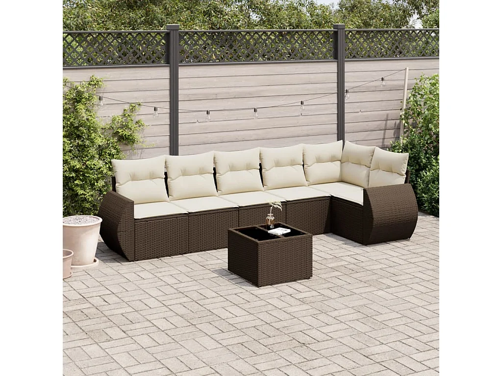 Set Divani da Giardino 7 pz con Cuscini Marrone in Polyrattan