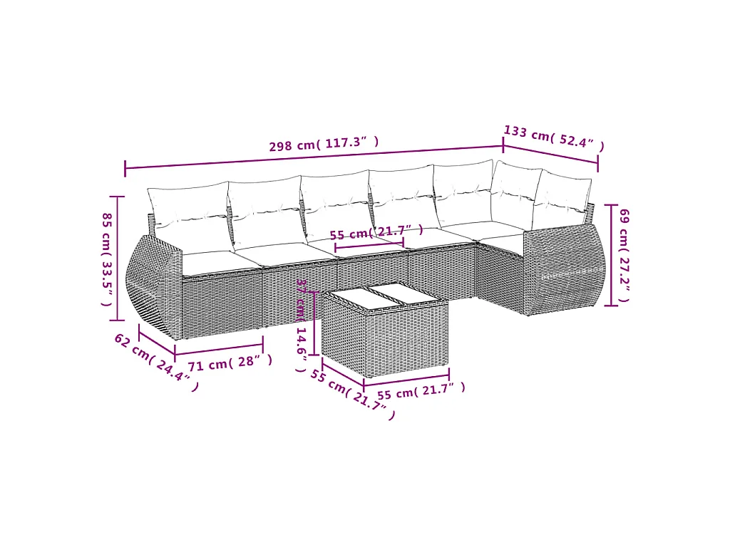 7-delige Loungeset met kussens poly rattan bruin