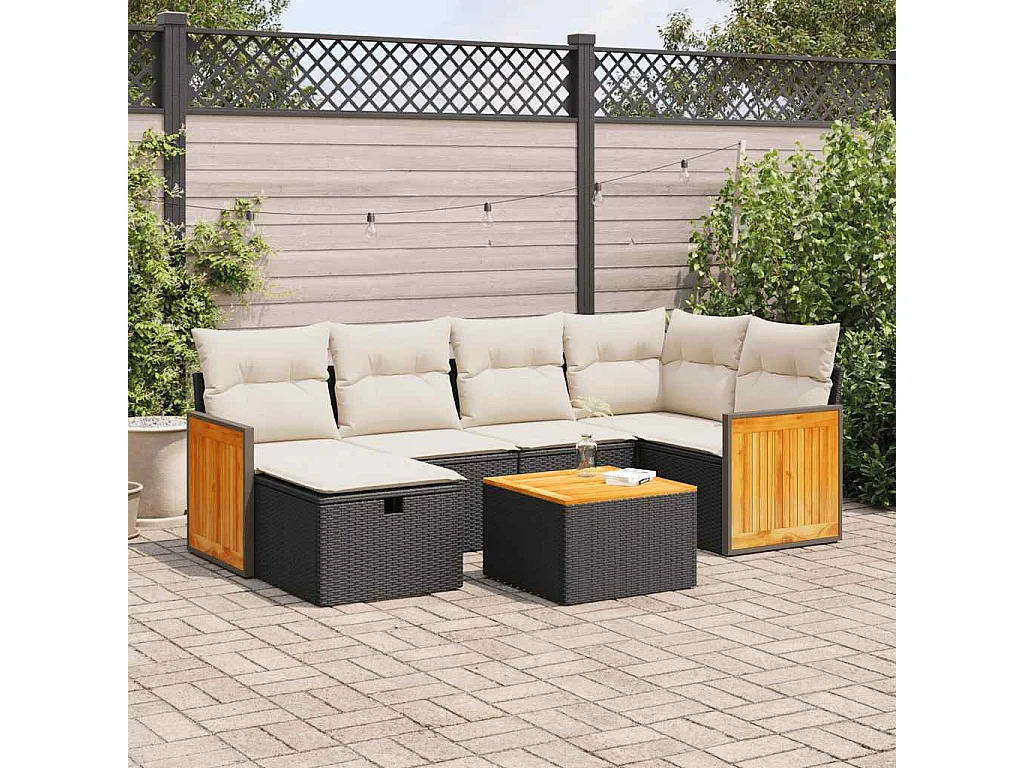 7-tlg. Garten-Sofagarnitur mit Kissen Schwarz Poly Rattan