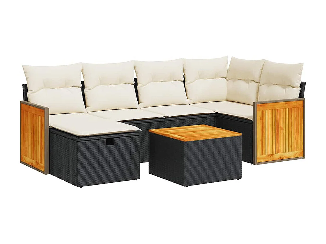 7-tlg. Garten-Sofagarnitur mit Kissen Schwarz Poly Rattan