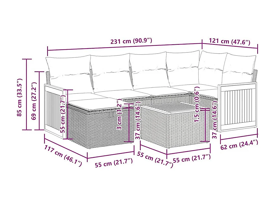 7-tlg. Garten-Sofagarnitur mit Kissen Schwarz Poly Rattan
