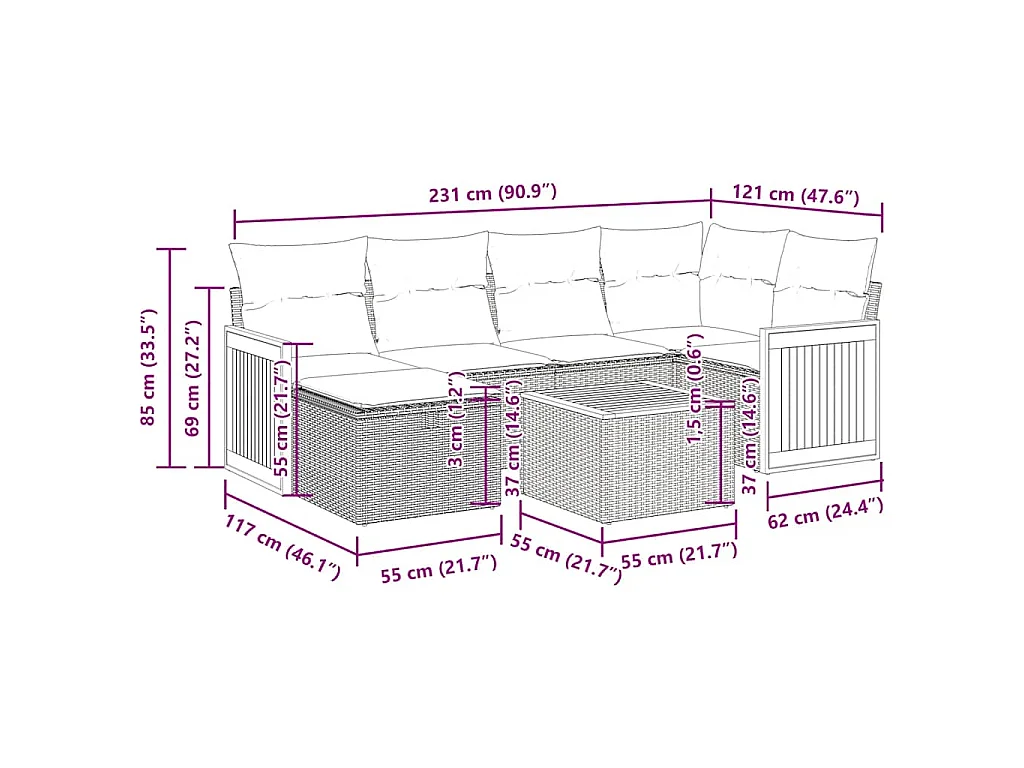 7-tlg. Garten-Sofagarnitur mit Kissen Schwarz Poly Rattan