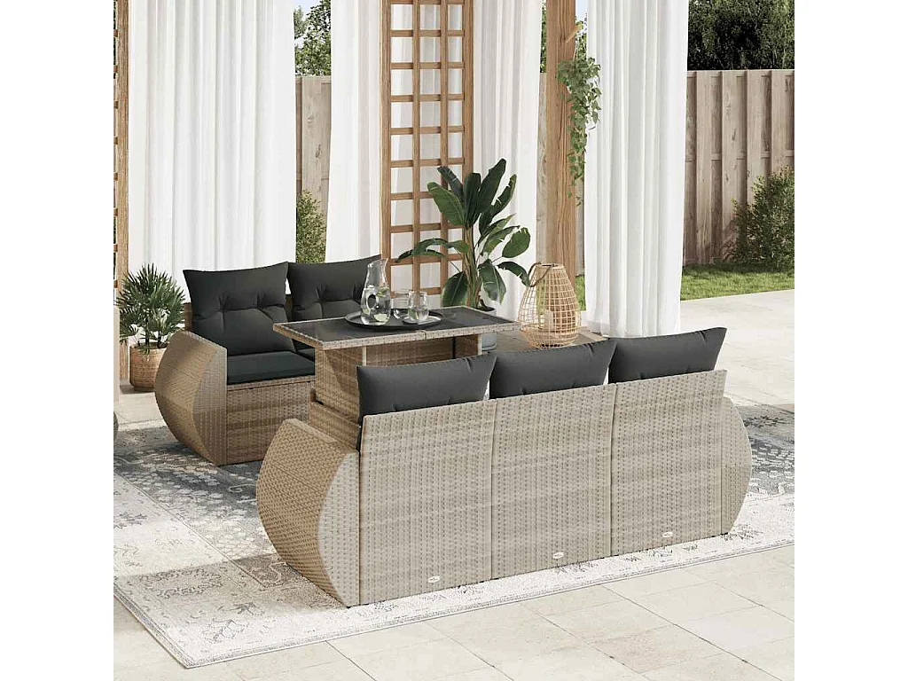 Salon de jardin 6 pcs avec coussins gris clair résine tressée