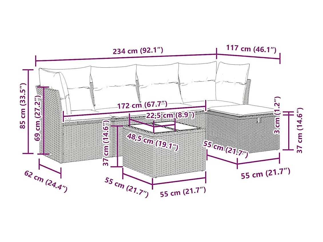 6 pcs conjunto de sofás p/ jardim com almofadões vime PE bege