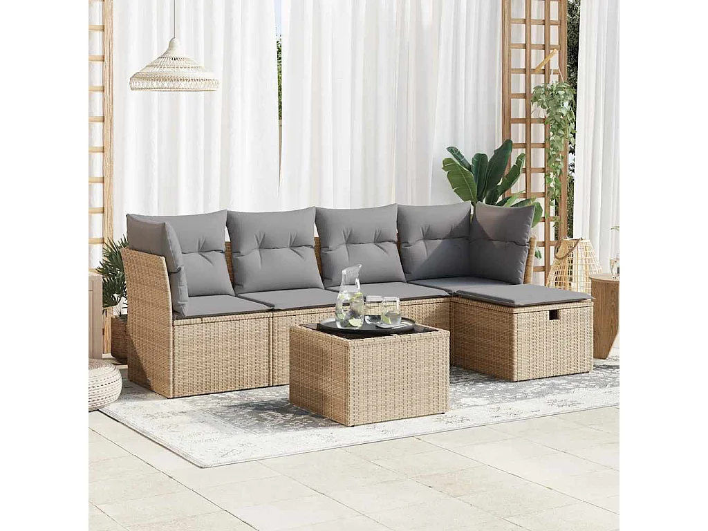 Salon de jardin avec coussins 6 pcs beige résine tressée